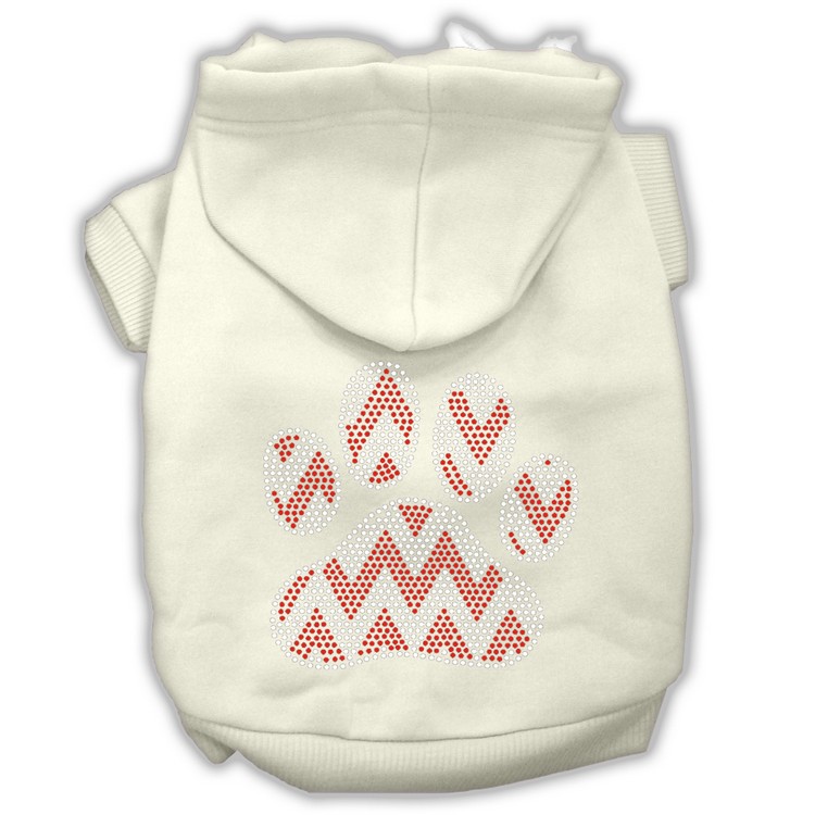 Candy Cane Chevron Paw Rhinestone Dog Hoodie Cream L